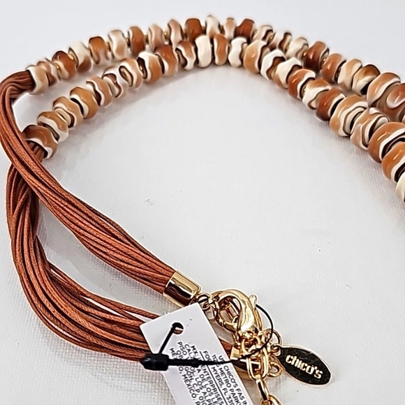 Chico's Long Rustic Stone Statement Necklace w Faux Leather Fringe & Gold Chain - Picture 7 of 13